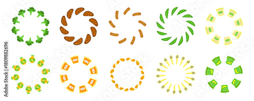 Round wreath with cute flat vegan high protein food isolated on white background.