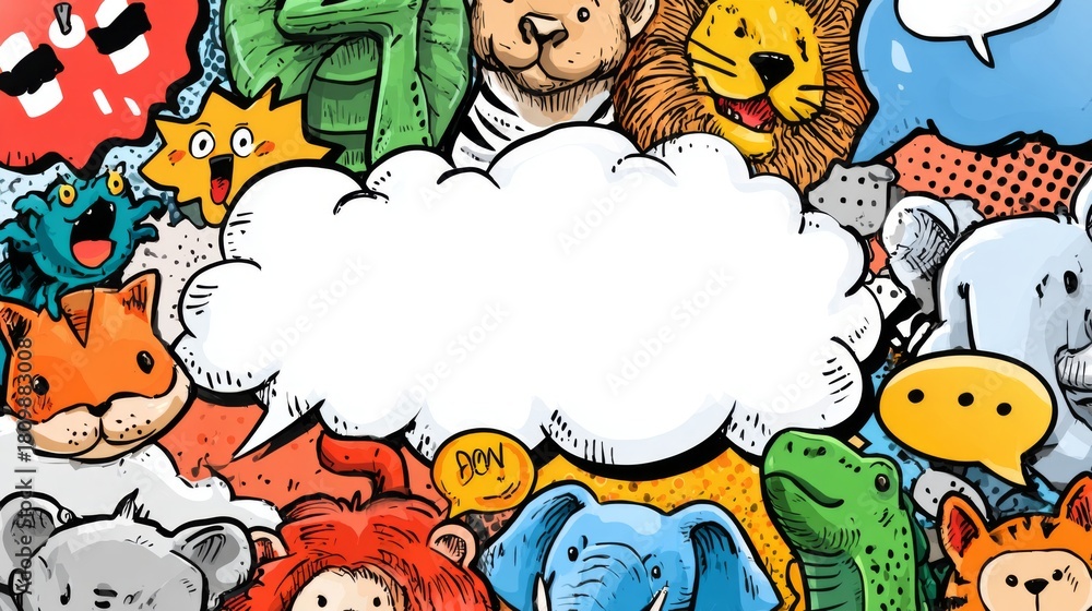 Fototapeta premium Vibrant Comic Style Animal Icons with Empty Speech Bubbles in Colorful Collage Design