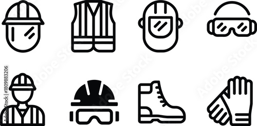 Collection of industrial safety personal protective equipment icons for construction and manufacturing industries