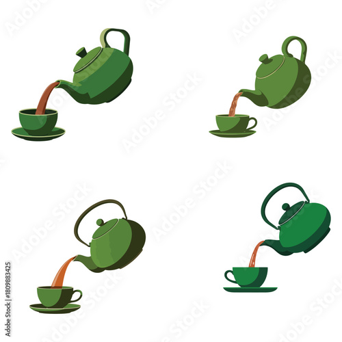 Elegant Green Ceramic Teapot Pouring Fresh Tea Into Cup Flat Artwork