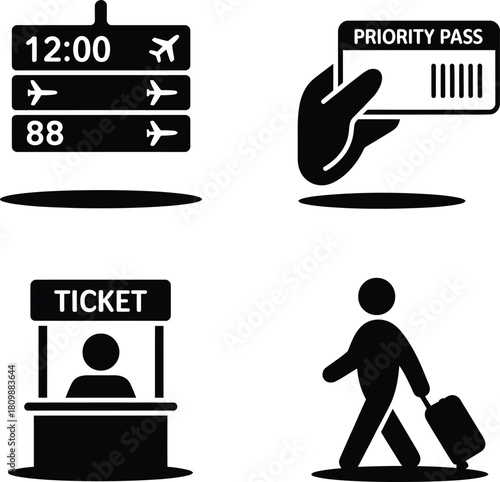Collection of travel icons showing flight information ticket counter priority pass and traveler with luggage
