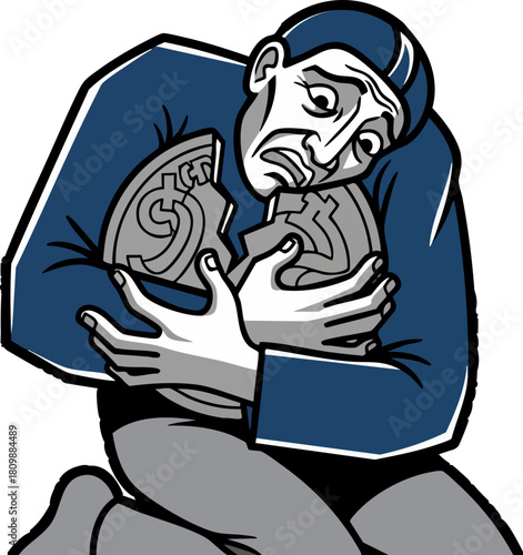 Sad man holding broken shield against a black backdrop