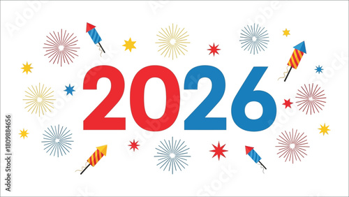 Festive 2026 New Year Celebration Vector with Fireworks, Confetti, and Colorful Decorations