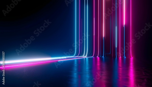 Neon pink and blue light lines on dark background – futuristic glowing wall with reflective floor