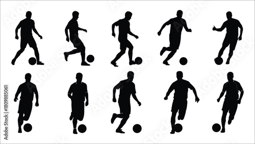 Soccer Player Silhouette Vector Set – Dynamic Football Poses with Ball on White Background