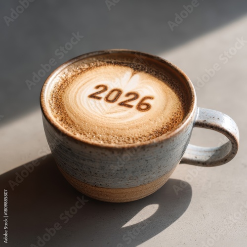 grey ceramic cup with coffee, latte art number 2026, natural tones. sunlit table, sense of new year, fresh beginnings, cozy routines, inspirational morning energy. renewal, planning, cafe, coffee shop