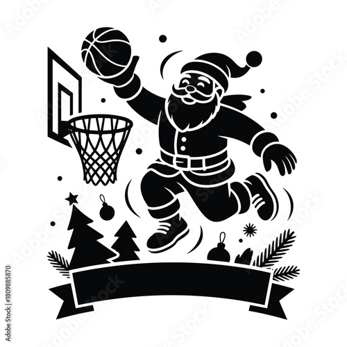 Festive Santa Claus Dunking Basketball Silhouette Christmas Sports Holiday Illustration