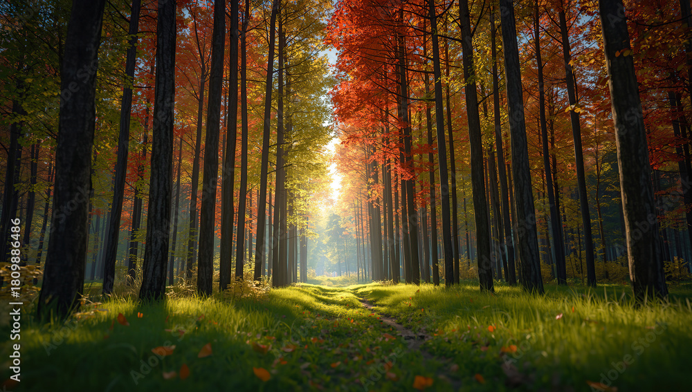 Fototapeta premium A vibrant late summer forest illuminated by warm sunlight, with a scenic pathway leading through colorful foliage