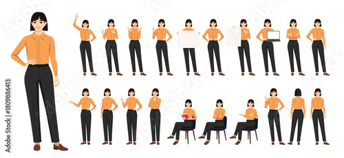 Big set of young businesswoman character with short hairstyle in different poses. Various gestures female character standing and sitting on the chair. Isolated vector illustration