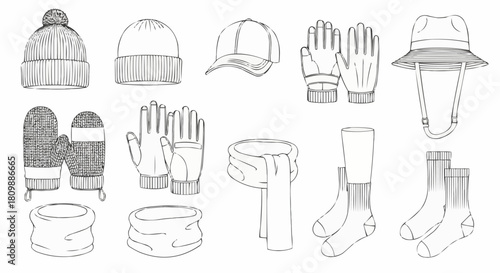 Collection of Hand-Drawn Winter Accessories - Hats, Gloves, Scarves, and Socks.