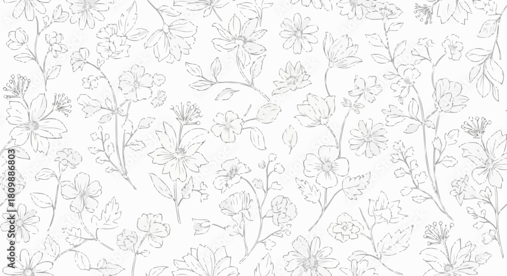 Obraz premium Elegant hand drawn floral line art seamless pattern.