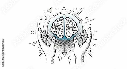 Human hands holding a digital brain representing artificial intelligence and innovation.