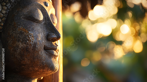 Closeup of a face in relaxation mode, leaning against a wooden column of a Thai veranda, natural evening glow