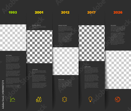 A dark, minimalist timeline infographic design with five distinct columns. This professional timeline template includes checkered placeholders for images and text sections for each timeline entry