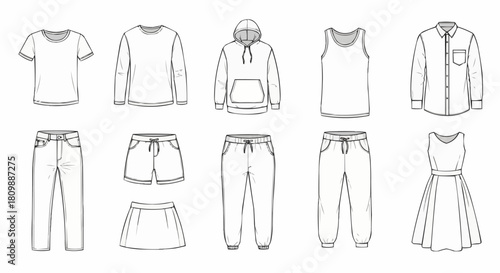 Fashionable Clothing Lineup - T-Shirt, Sweatshirt, Hoodie, Tank Top, Shirt, Jeans, Shorts, Skirt, Sweatpants, Joggers, and Dress.