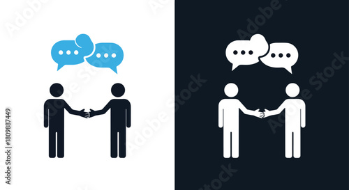 Two people shaking hands with speech bubbles - Vector icon symbol for website - Icon vector - Blue icon vector - Line and glyph solid icon and logo template