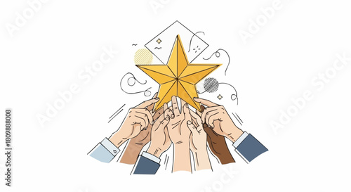 Hands Reaching for a Golden Star - Teamwork and Achievement.