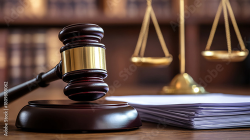 Closeup of gavel and legal papers on wooden desk