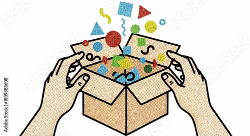 Hands Opening a Box with Colorful Shapes Emerging.