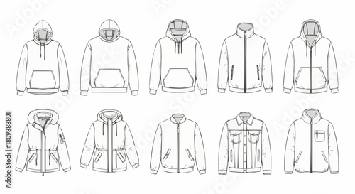 Assortment of Jacket and Hoodie Line Art Designs.