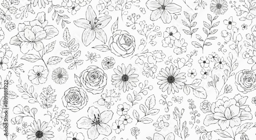 Elegant Floral Pattern - A Delicate Line Art Composition.