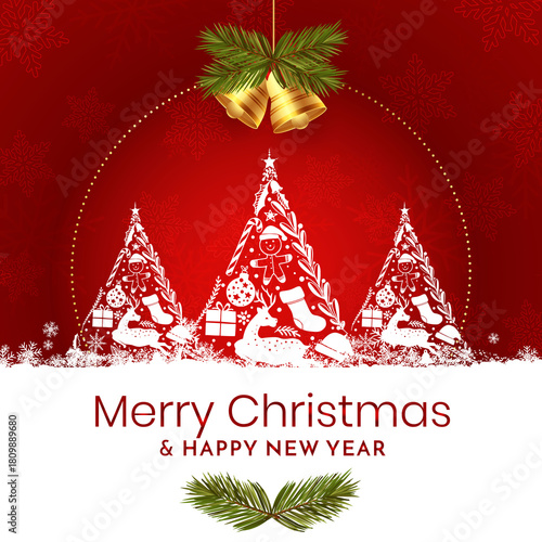 Gold Christmas and New Year Typographical on red background with winter landscape with snowflakes, light, stars. Merry Christmas card. Vector Illustration creative, Marry Christmas poster, web banner