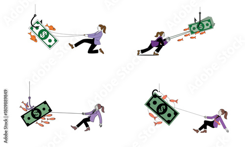 Businesswoman struggling to pull money in financial challenge illustration
