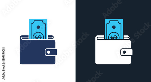 Wallet with money and banknotes illustration - Vector icon symbol for website - Icon vector - Blue icon vector - Line and glyph solid icon and logo template