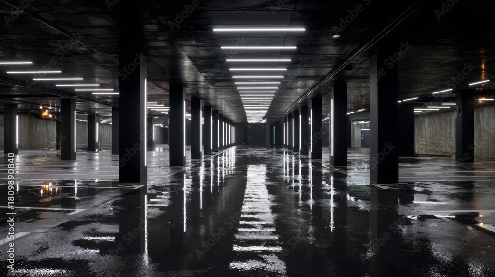 Obraz premium Modern Parking Area with Sleek Black Pillars and Bright White LED Lights Reflecting on Wet Surfaces