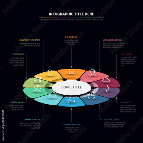 Modern dark infographic element with a central title and multiple hexagon-shaped options, each with an icon and text area. This infographic is perfect for presenting information clearly and engagingly