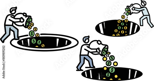 People pouring money into holes concept illustration