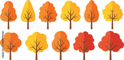 Collection of stylized autumn trees in warm fall colors