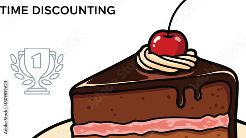 Time discounting concept with cake and trophy graphic