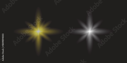 Two glowing starburst light effects one yellow one white on black background flare bokeh