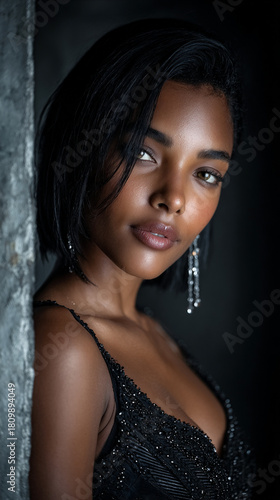 elegant woman standing in a doorway, exotic female portrait at the entrance, doorway scene with a stylish woman