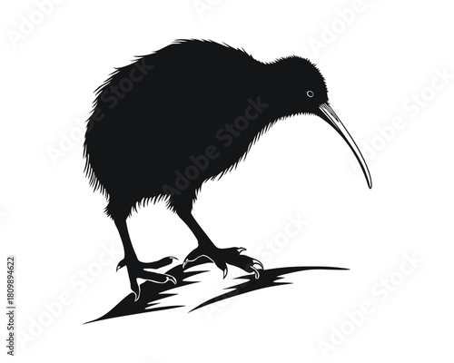 A black silhouette of a kiwi bird with its long beak pointed downwards, standing on a textured branch against a white background