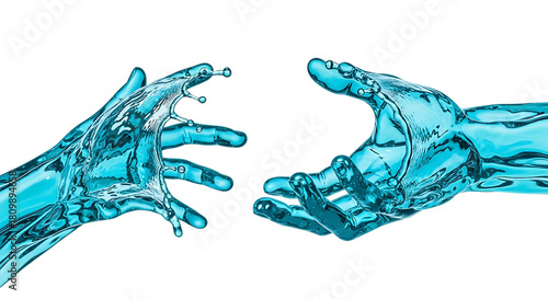 Two hands made of water reaching out to each other, isolated on transparent background the hands are blue and the water is splashing around them, creating a sense of movement and energy the image is c