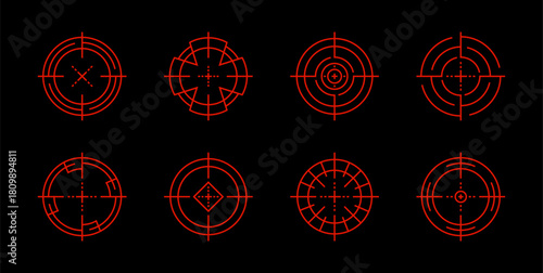 Neon red glowing crosshair vector set. Target aim gun icons with a digital light effect. Shooting reticles laser sights and precisely target symbols for games tech. Isolated vector.