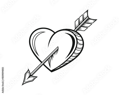A black and white sketch of a heart symbol pierced through by an arrow, with a feathered tail