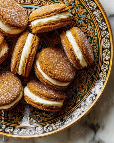 Pumpkin Spice Cookie Bites. Pumpkin Spice Cookie Sandwiches on Marble Surface. 