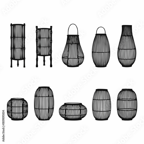 Monochrome graphic collection of woven bamboo lanterns and vases.