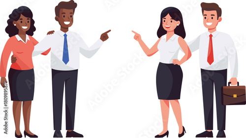 Business Professionals Engaged in Friendly Office Interaction with City View, Workplace Communication and Corporate Collaboration Concept Illustration
