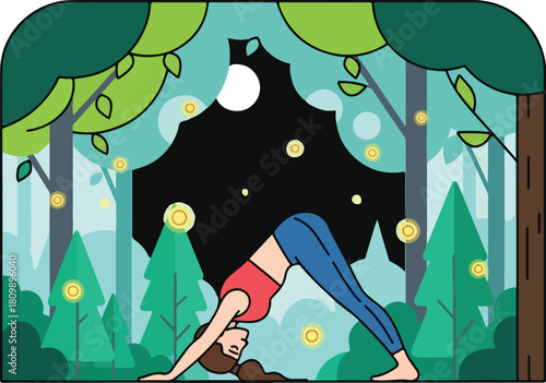 Woman practicing yoga in downward dog pose amidst a serene forest at night with glowing fireflies.