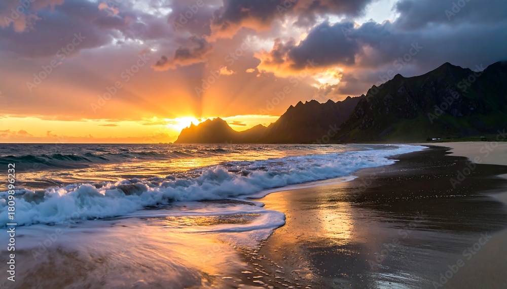 Obraz premium Stunning coastal sunset featuring vibrant golden light over a sandy beach with mountain silhouettes and gentle waves