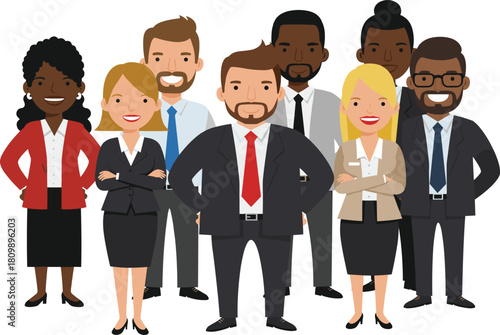 Confident and diverse business team standing together in professional attire, representing leadership, collaboration, and corporate unity