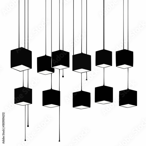 Modern black cube pendant lights hanging from the ceiling in a row.