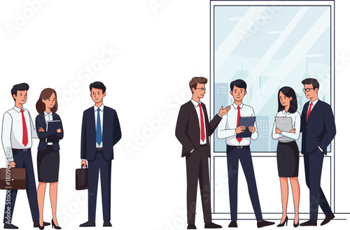 Corporate Professionals Networking and Communicating in Office Environment with City View, Business Interaction and Team Collaboration ConceptCorporate Professionals