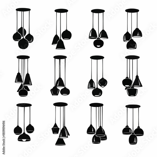 Set of twelve modern hanging ceiling lamp silhouettes.