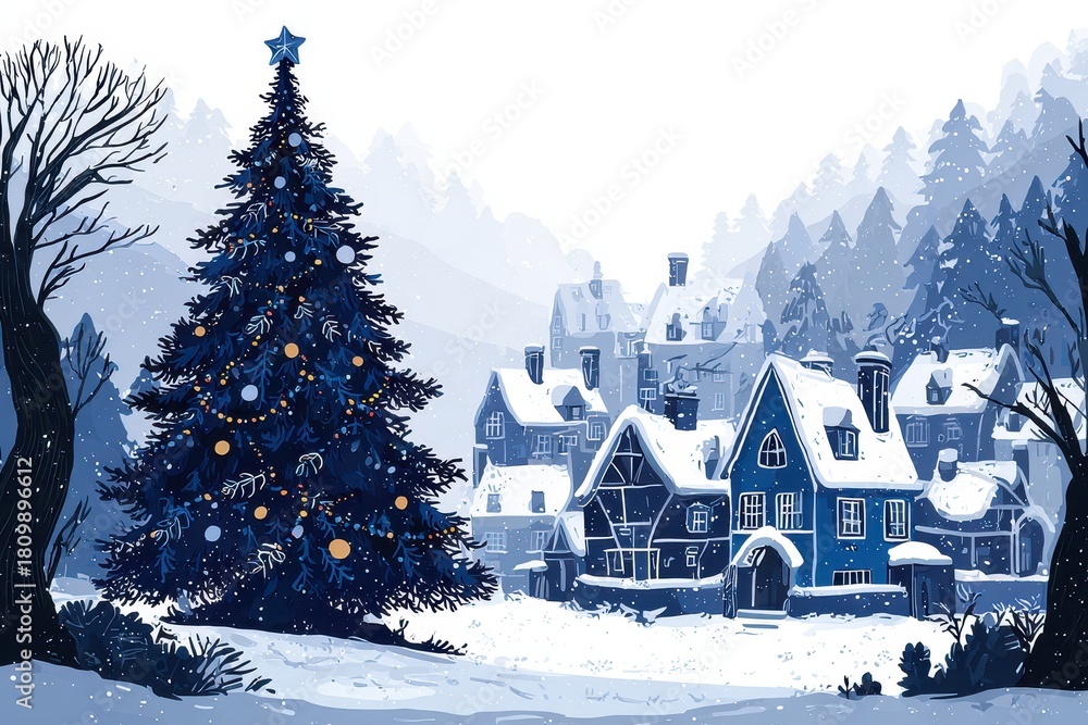 Fototapeta premium Monochrome blue winter village illustration featuring decorated christmas tree and cozy cottage with glowing windows in snowy xmas landscape