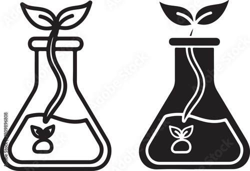 Chemical Erlenmeyer Flasks with Growing Seedling Symbolizing Scientific Discovery and Innovation